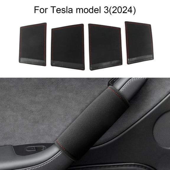 Suede Car Door Handle Covers for 2024 Tesla Model 3 Car Interior Accessories 4pcs, Black with Red Stitching