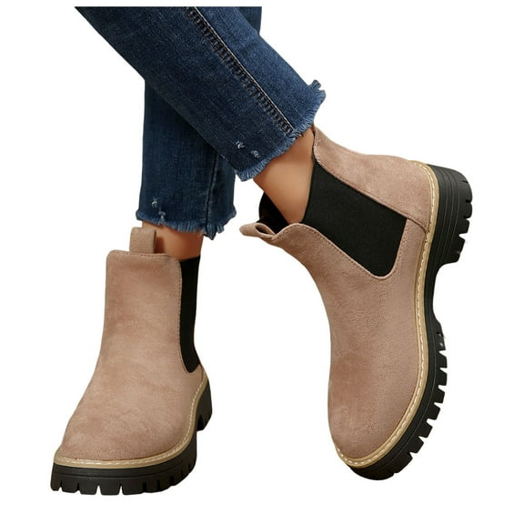 Suede Chelsea Boots Women Slip on Elastic Lug Sole Chunky Heel Fall Winter Fashion Short Ankle Booties