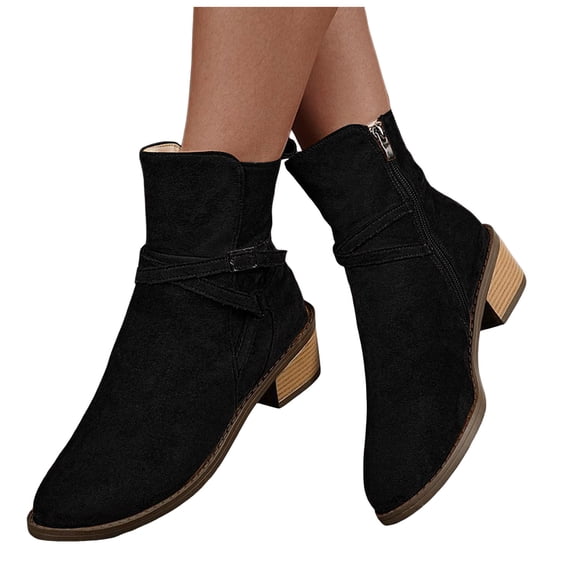Suede Chelsea Boots for Women Strappy Western Ankle Boots Pointed Toe Stacked Heel Zipper Booties