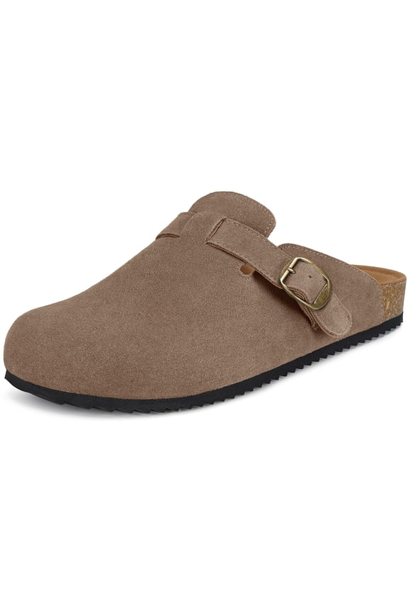 Suede Clogs for Mens Womens Genuine Leather Clogs Adjustable Buckle Cork Footbed Sandals Brown