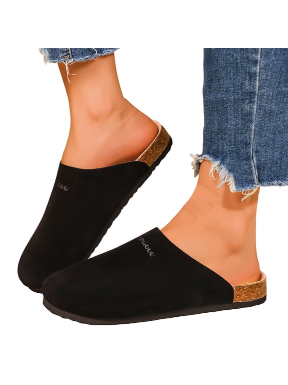 Suede Clogs for Women Men Retro Cork Footbed Slides Closed Round Toe Sandals Nonslip Flat Walking Shoes Black Size 6.5