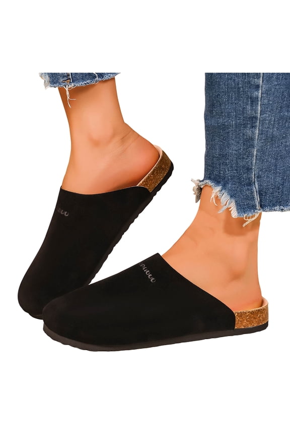 Suede Clogs for Women Men Retro Cork Footbed Slides Closed Round Toe Sandals Nonslip Flat Walking Shoes Black Size 7