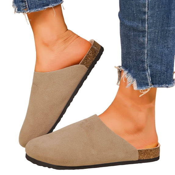 Suede Clogs for Women Men Retro Cork Footbed Slides Closed Round Toe Sandals Nonslip Flat Walking Shoes Khaki Size 9.5