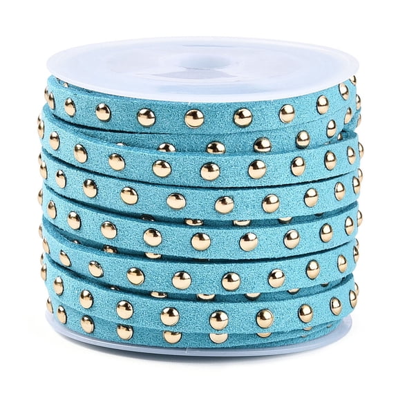 Suede Cord with Golden Tone Alloy Rivet For Punk Rock Jewelry Making Pale Turquoise 5x2.5mm about 5.46 yards(5m)/roll