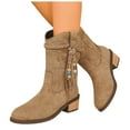 thumbnail image 1 of Suede Cowboy Boots for Women Braided Lace up Fringe Mid Calf Western Riding Boots Stacked Heel Booties, 1 of 8