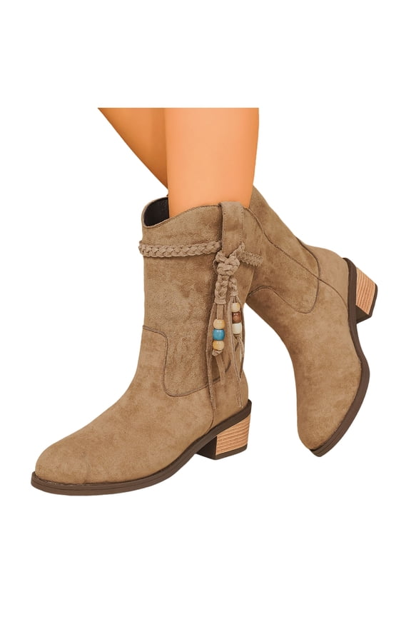 Suede Cowboy Boots for Women Braided Lace up Fringe Mid Calf Western Riding Boots Stacked Heel Booties