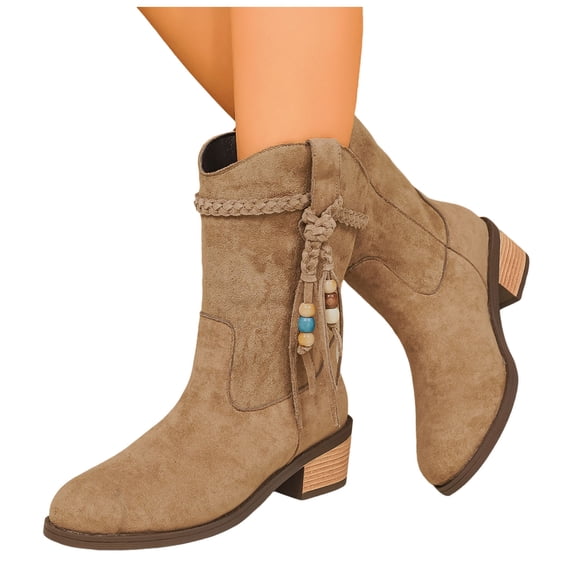 Suede Cowboy Boots for Women Braided Lace up Fringe Mid Calf Western Riding Boots Stacked Heel Booties