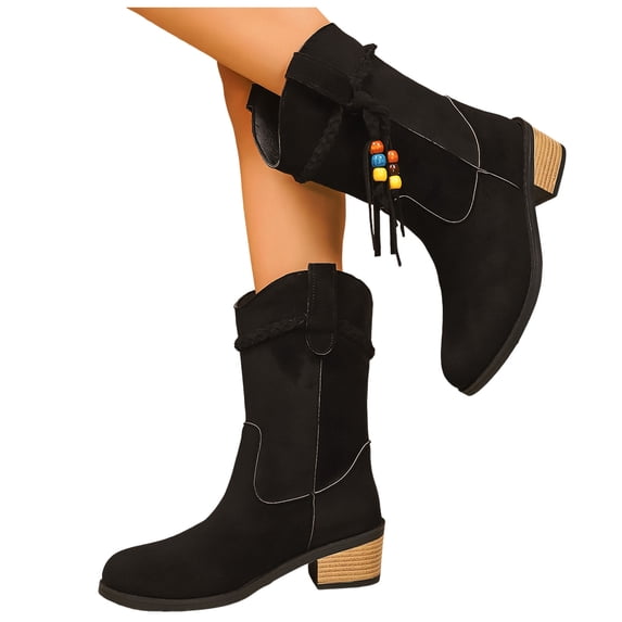 Suede Cowboy Boots for Women Braided Lace up Fringe Mid Calf Western Riding Boots Stacked Heel Booties