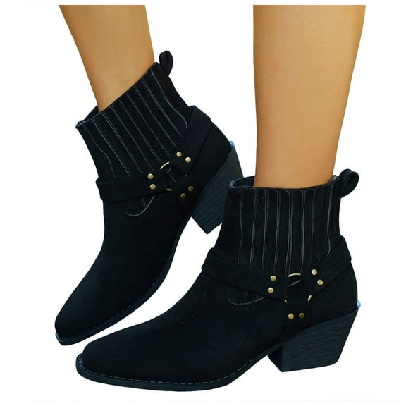 Suede Cowboy Boots for Women Retro Pointed Toe Chelsea Ankle Boots Chunky Heel Buckle Strap Booties