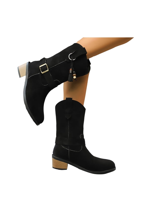 Suede Cowboy Boots for Women Wide Width Causal Chunky Heel Buckle Strap Slip On Mid Calf Cowgirl Booties