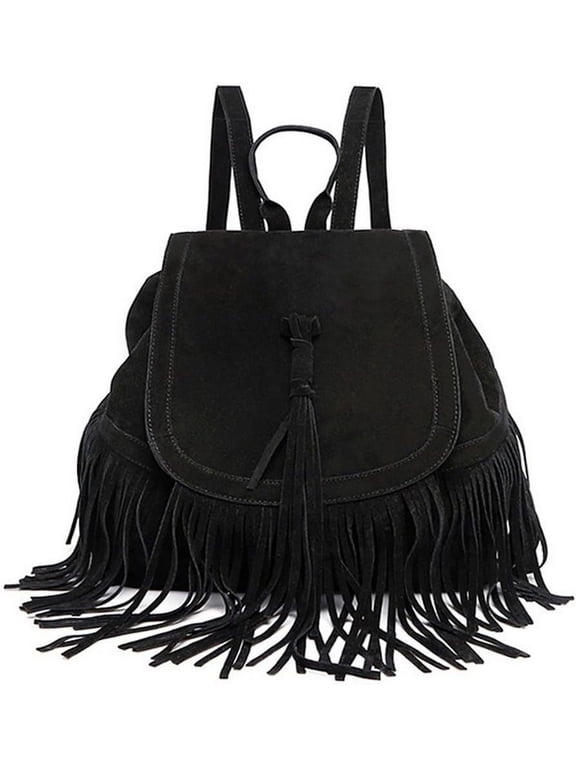 Suede Fringe Backpack Purse for Women, Fashion PU Leather Travel Daypack with Tassel, Shoulder Bag, 28x17x34 cm-black-