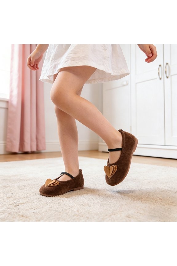 Suede Heart Print Princess Mary Jane Shoes, Soft Sole Breathable Non Stylish Casual Footwear for Toddler Girls 15M-9.5Y Brown 29