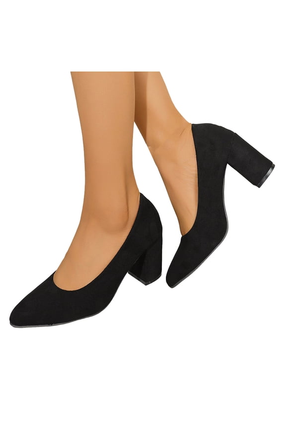 Suede Heels for Women Classic Solid Color Closed Pointed Toe Chunky Heeled Slip on Pumps Shoes Casual Dressy Business Work Shoes Black Size 7.5