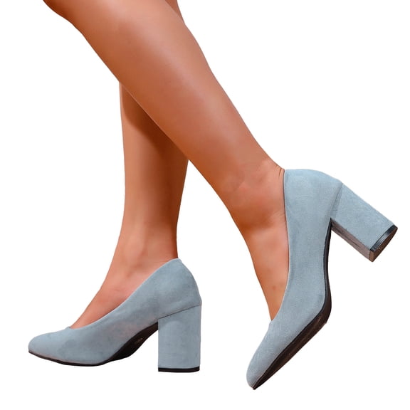 Suede Heels for Women Classic Solid Color Closed Pointed Toe Chunky Heeled Slip on Pumps Shoes Casual Dressy Business Work Shoes Blue Size 6.5