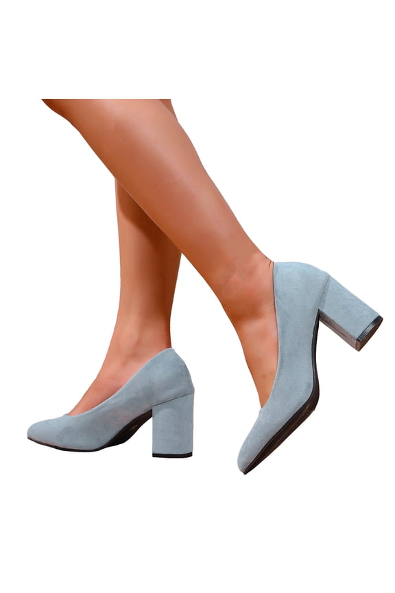 Suede Heels for Women Classic Solid Color Closed Pointed Toe Chunky Heeled Slip on Pumps Shoes Casual Dressy Business Work Shoes Blue Size 8.5