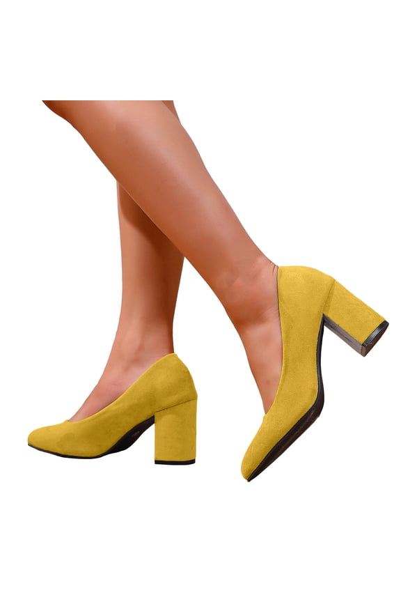 Suede Heels for Women Classic Solid Color Closed Pointed Toe Chunky Heeled Slip on Pumps Shoes Casual Dressy Business Work Shoes Yellow Size 8
