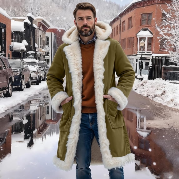 Suede Jacket for Men Fleece Lined Coat Coldproof Windproof Warm Winter Oversized Outerwear with Pockets New Business Casual Jackets for Men Army Green L