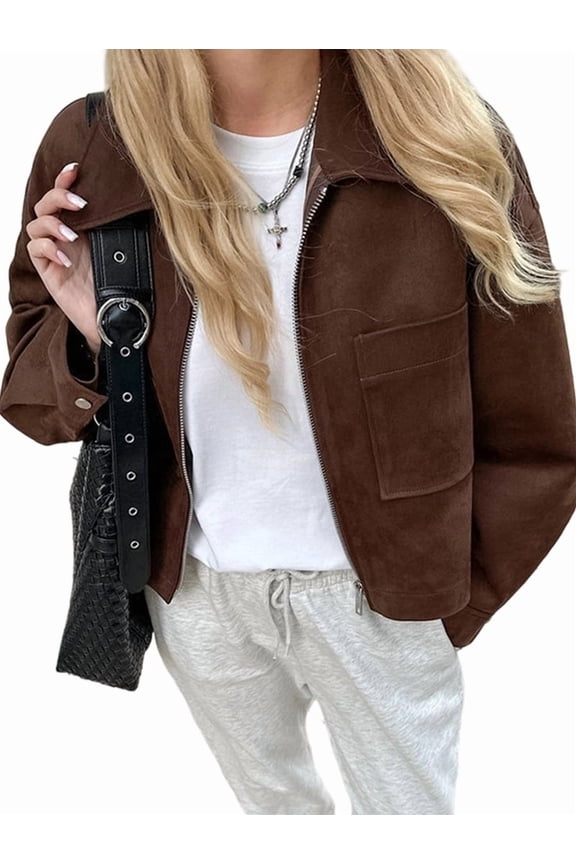 Suede Jacket Women Brown Casual Long Sleeve Lapel Zip Up Cropped Suede Bombers Jacket Women Dark Brown L