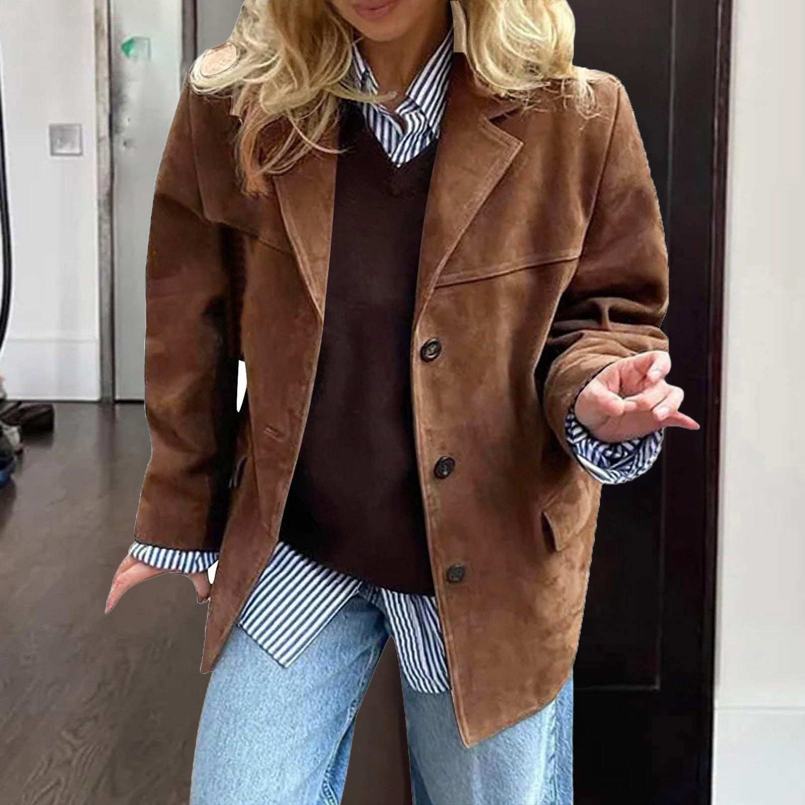 Suede Jacket Women Cropped Button Down Faux Leather Blazer Jackets with Pockets Casual Oversized Plain Work Dreesy Coats 2025 Fall Winter Fashion Outerwear