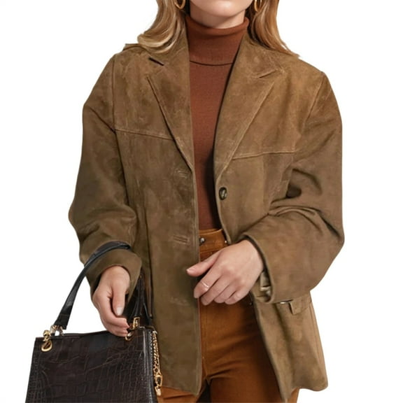 Suede Jacket Y2k Outerwear Brown Faux Leather Jacket Women Fall Fashion Trendy Old Money Oversized Blazer Brown L