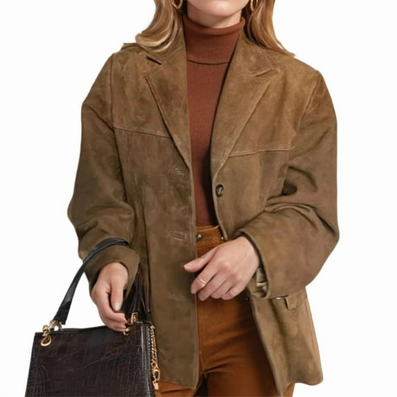 Suede Jacket Y2k Outerwear Brown Faux Leather Jacket Women Fall Fashion Trendy Old Money Oversized Blazer Brown XL