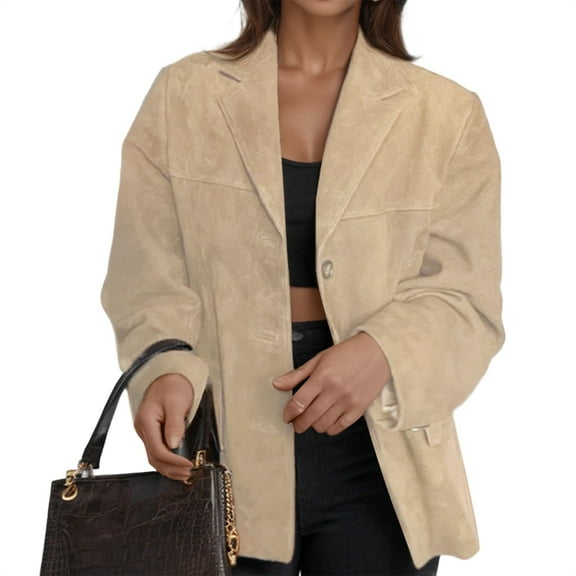 Suede Jacket Y2k Outerwear Brown Faux Leather Jacket Women Fall Fashion Trendy Old Money Oversized Blazer Khaki M