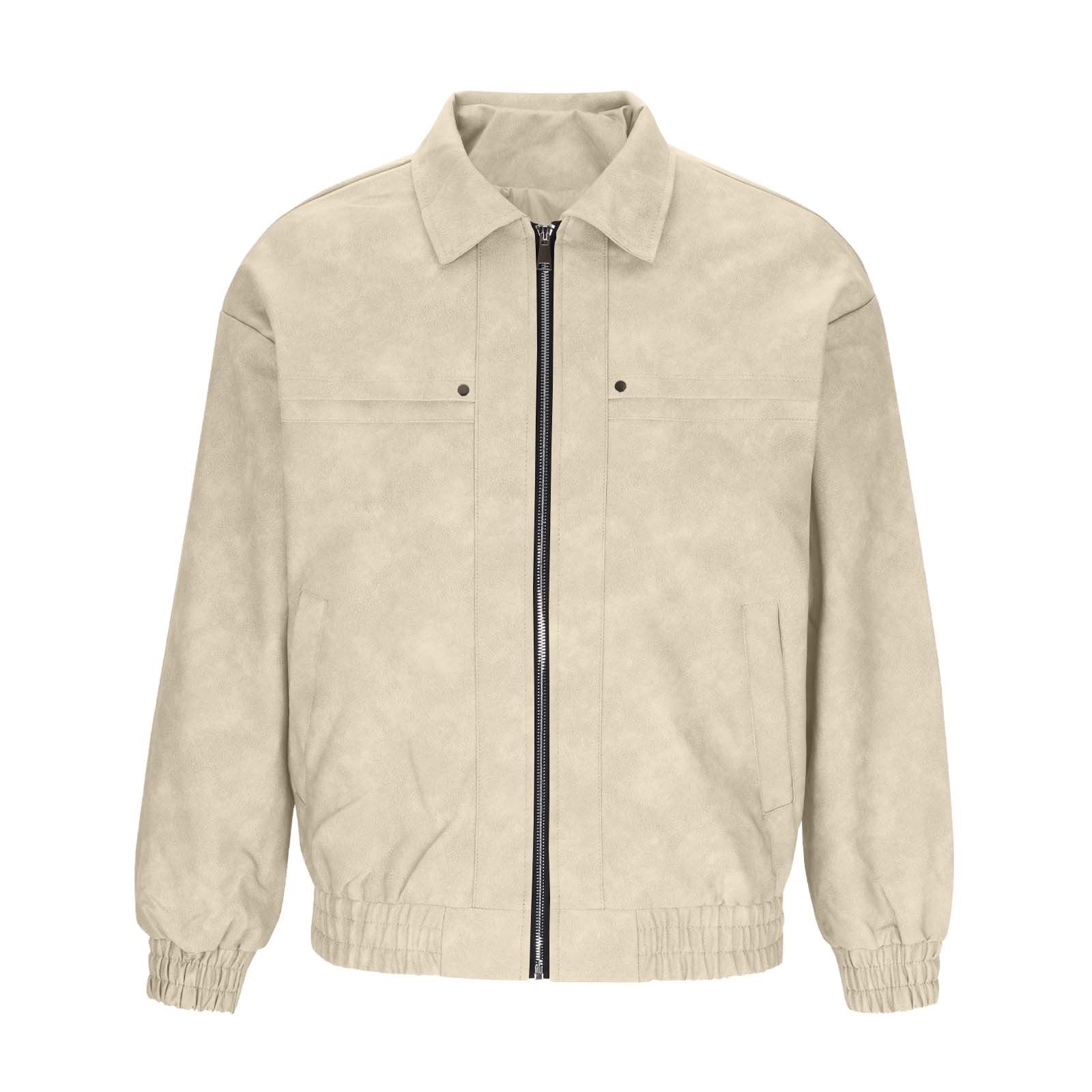 Suede Jacket for Men Loose Faux Leather Outwear Casual Full Zip Vintage Varsity Leather Bomber Jacket Jacket Windproof Beige M
