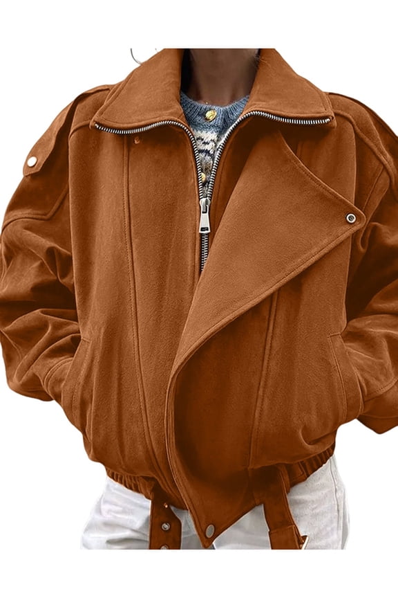 Suede Jacket for Women Fall Winter Cropped Y2k Oversized Faux Leather Blazer Jackets Amber Color M