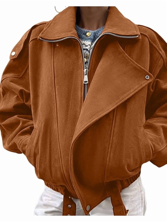 Suede Jacket for Women Fall Winter Cropped Y2k Oversized Faux Leather Blazer Jackets Amber Color M