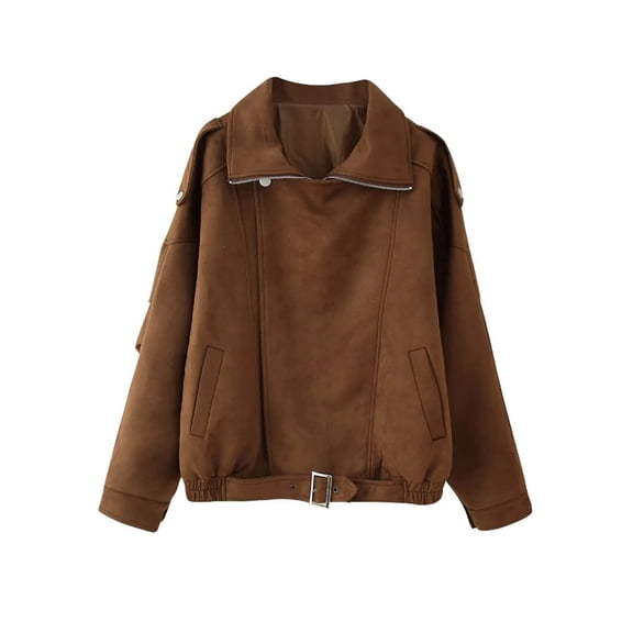 Suede Jacket for Women Fall Winter Cropped Y2k Oversized Faux Leather Blazer Jackets Dark Brown M