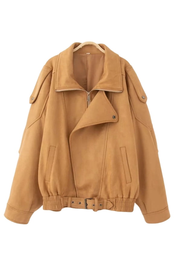 Suede Jacket for Women Fall Winter Cropped Y2k Oversized Faux Leather Blazer Jackets Khaki L