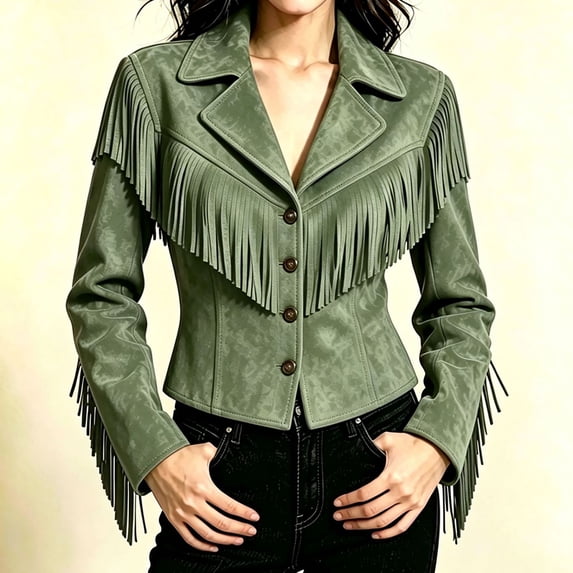 Suede Jacket for Women Lapel Collar Button Down Tassel Hem Vintage Jacket Fall Winter Causal Loose Coat, L