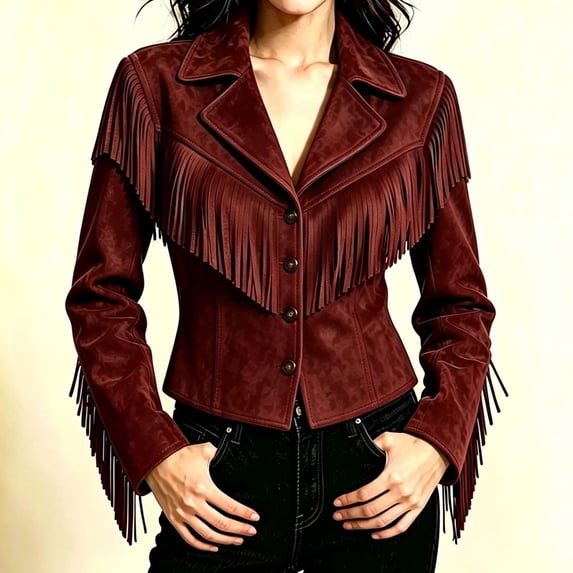 Suede Jacket for Women Lapel Collar Button Down Tassel Hem Vintage Jacket Fall Winter Causal Loose Coat, XL