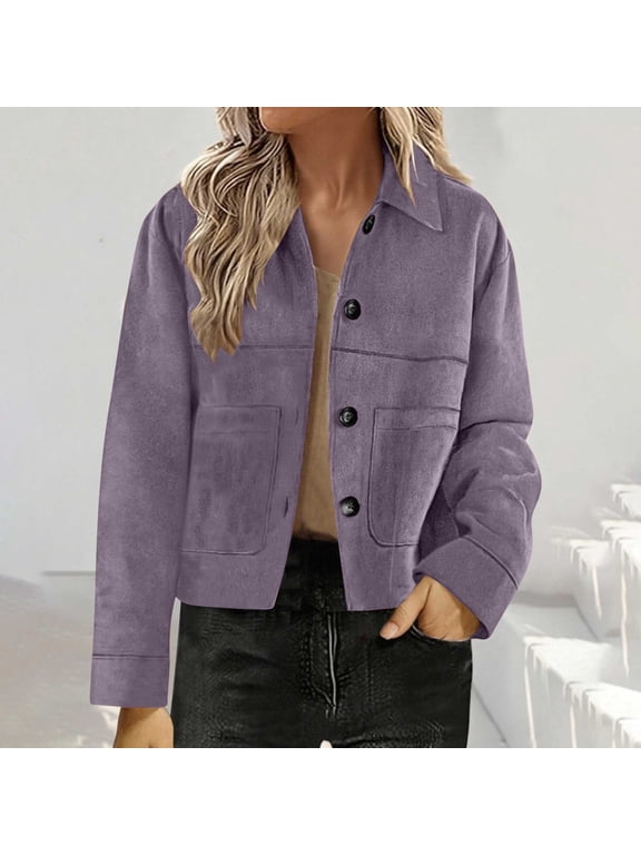 Suede Jackets For Women Casual Button Down Cropped Jacket Fall Long Sleeve Outerwear Coats Work Office Clothes