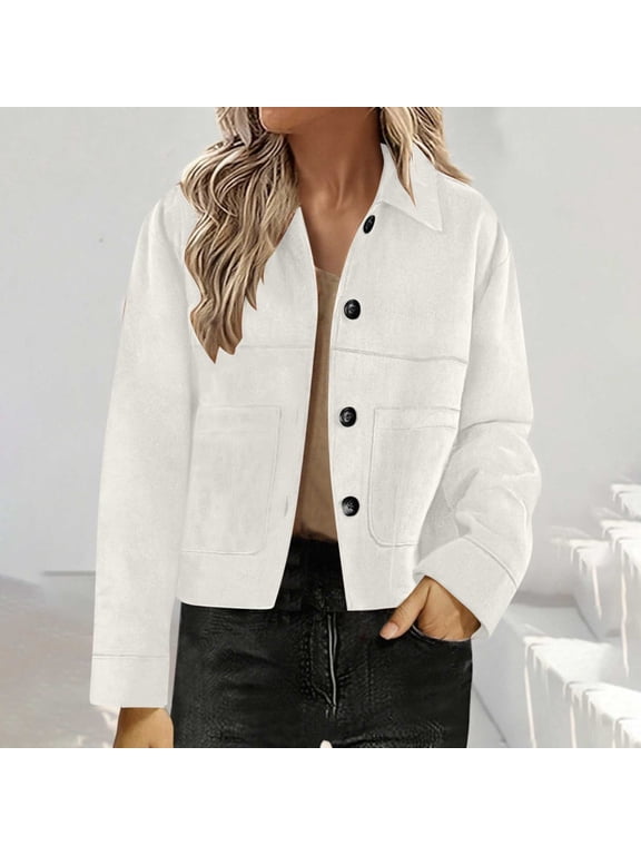 Suede Jackets For Women,Fall Fashion Casual Faux Suede Cropped Jacket Button Down Long Sleeve Work Office Coats(White,XXL)