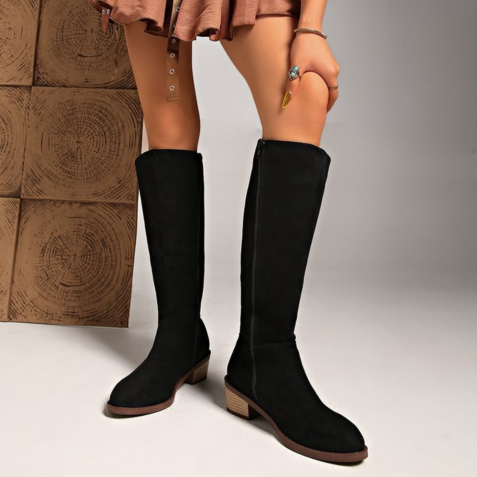 Suede Knee-High Boots Fall Boot For Women Chunky Block High Heel Slouch ...