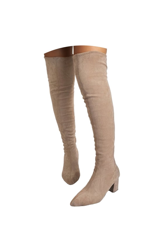 Suede Knee High Boots Women Pointed Toe Block Heel Elastic Pull on Over the Knee Thigh High Booties