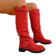 thumbnail image 1 of Suede Knee High Boots Women Slouchy Round Toe Chunky Heel Tall Riding Booties Fashion Buckle Strap Casual Winter Over the Knee Boots Red 8, 1 of 5