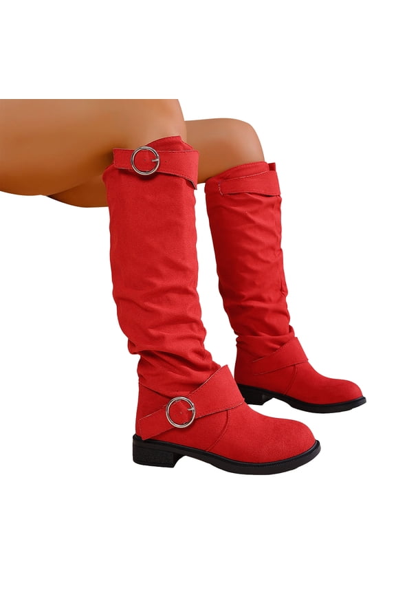 Suede Knee High Boots Women Slouchy Round Toe Chunky Heel Tall Riding Booties Fashion Buckle Strap Casual Winter Over the Knee Boots Red 8