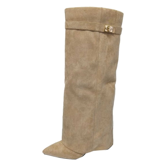 Suede Knee High Boots with Adjustable Buckle Strap, for Fall Winter Fashion, Comfortable Heeled Booties, Womens Boots