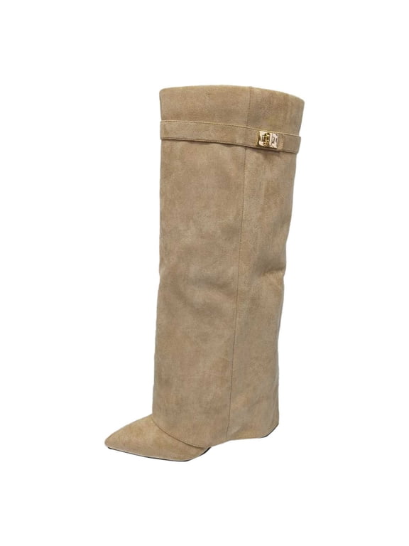 Suede Knee High Boots with Adjustable Buckle Strap, for Fall Winter Fashion, Comfortable Heeled Booties, Womens Boots