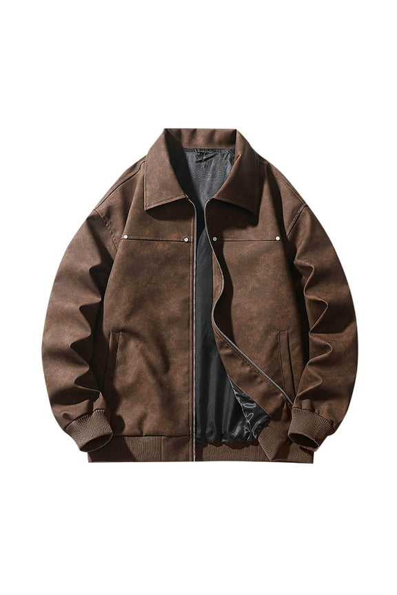 Suede Leather Bomber Jacket Mens Vintage Lapel Collar Zipper Motorcycle Outerwear Faux Pu Moto Track Outerwear With Pockets