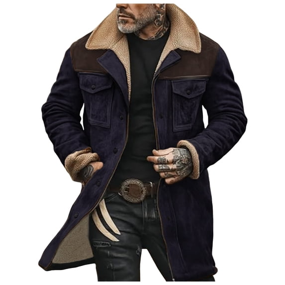 Suede Leather Jacket Men Winter Fur Shearling Duster Coat Retro Leather Fleece Motorcycle Trucker Western Jacket Comfortable Outdoor