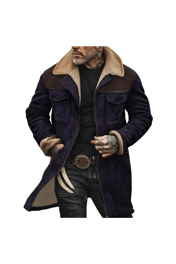 Suede Leather Jacket Men Winter Fur Shearling Duster Coat Retro Leather Fleece Motorcycle Trucker Western Jacket Comfortable Outdoor