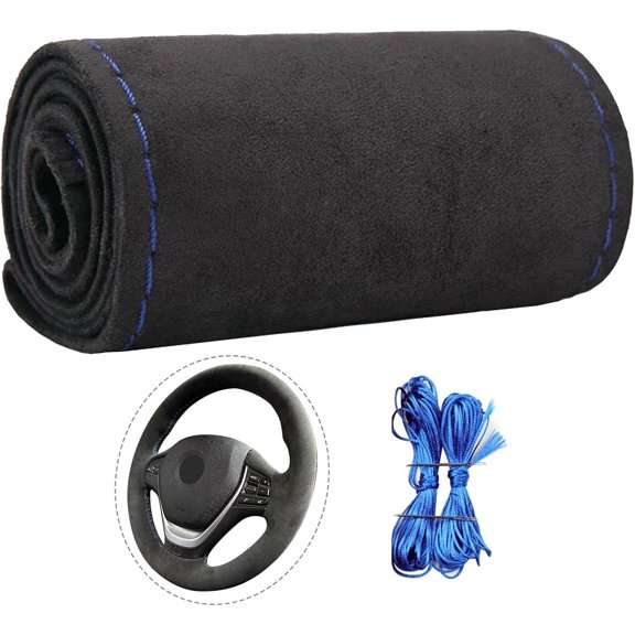 Suede Leather Steering Wheel Cover Wrap Kit - DIY Stitch- for 14.5-15" Wheels, Absorption & Non-Slip Grip, Comfortable & Durable Year-Round Upgrade