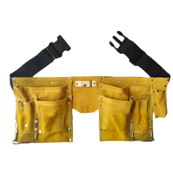 Heavy Duty Leather Tool Belt with Double Pouch Design, Top-Grain Suede Construction, Quick-Release Buckle, Multiple Pockets for Carpenter Electrician Gardening Work