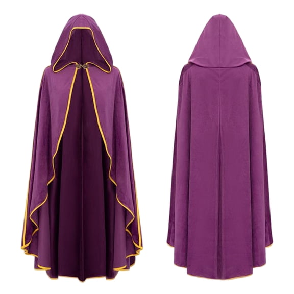 Suede-Like Hooded Cloak, Adult Sleeveless Cape with Gold Trim & Metal Clasp for Halloween & Cosplay, Medieval Wizard Robe, 1 PC Purple