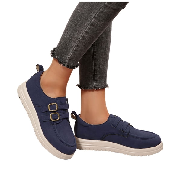 Suede Loafers for Women Casual Round Toe Double Buckle Strap Platform Lug Sole Slip on Orthopedic Walking Shoes Blue Size 8