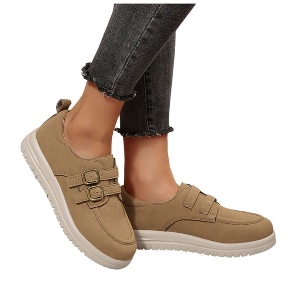 Suede Loafers for Women Casual Round Toe Double Buckle Strap Platform Lug Sole Slip on Orthopedic Walking Shoes Khaki Size 9