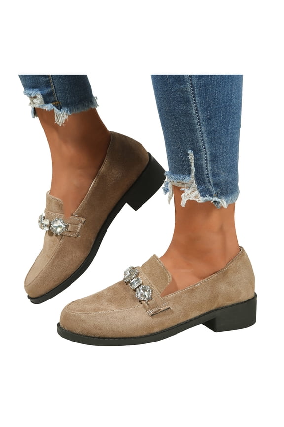 Suede Loafers for Women Comfortable Slip On Glitter Rhinestone Dress Shoes Block Low Heel Non Slip Fall Shoes Beige Size 7